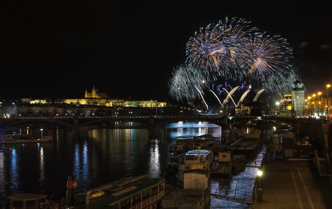Fireworks on the Vltava river in Prague