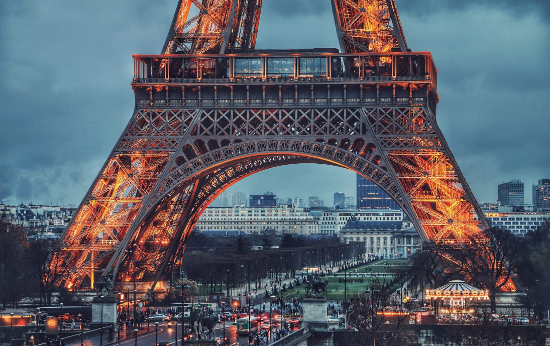 Eiffel Tower at dusk in Paris