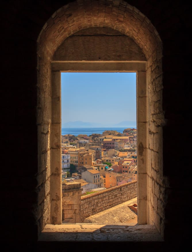 A framed view of Corfu Town