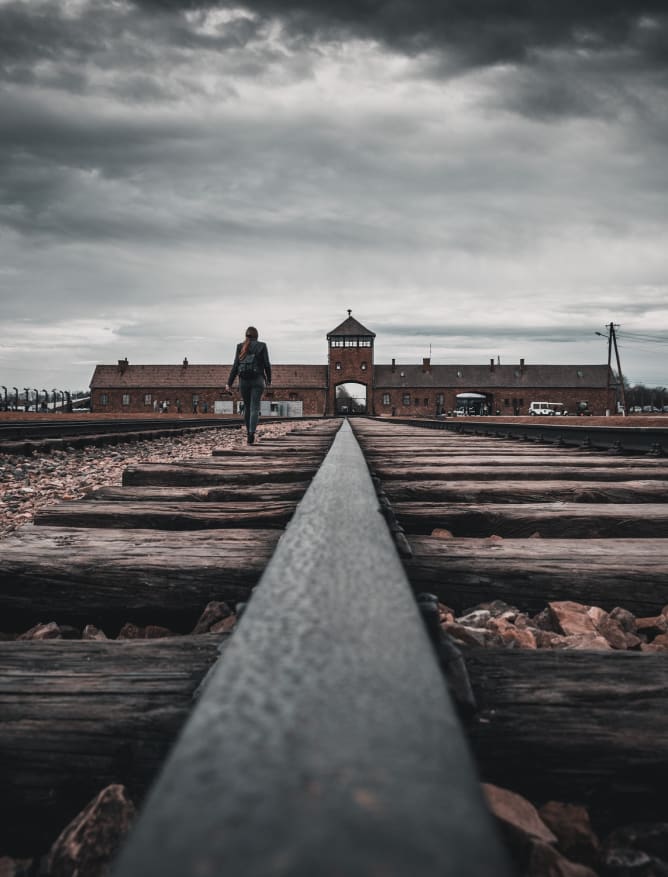 Track into harrowing Birkenau, Auschwitz