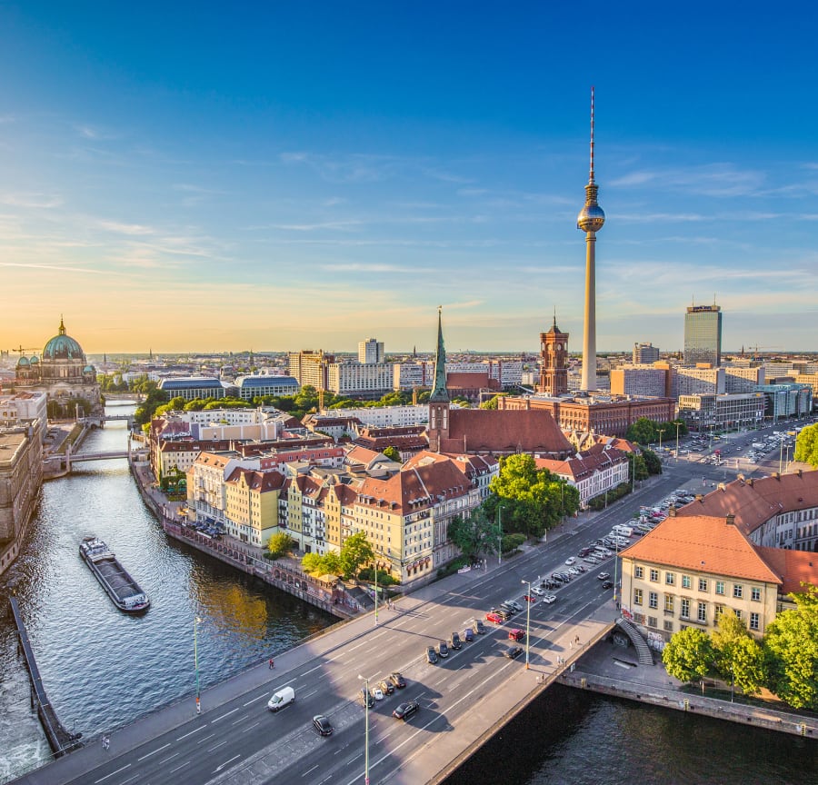 Waterside view of Berlin landmarks